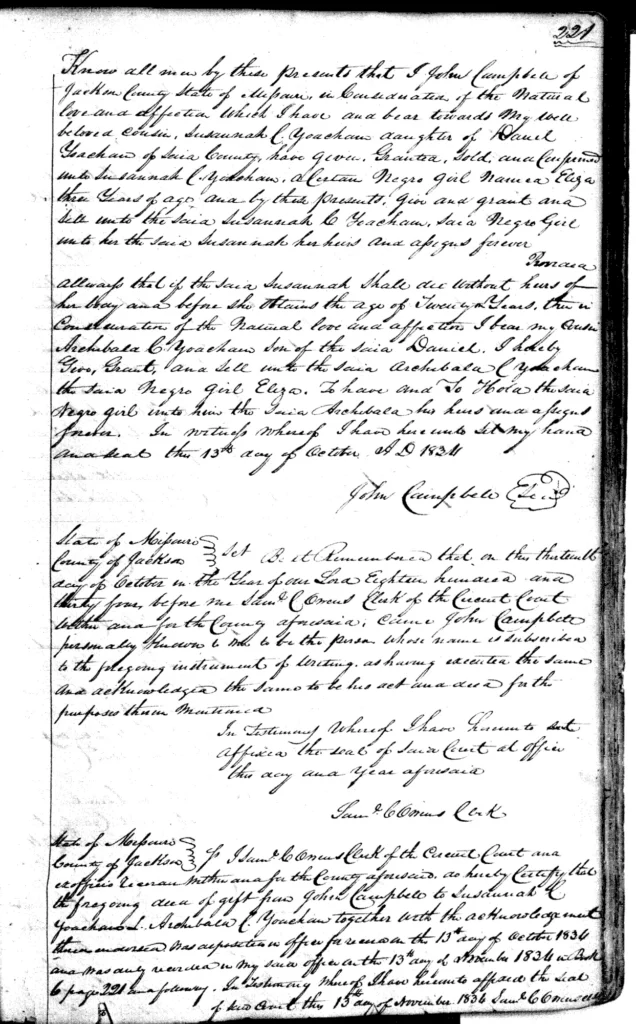 Deed of Gift: J. Campbell to S. Yoacham