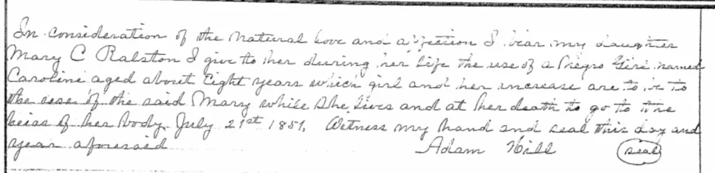 Deed of Gift: A. Hill to M. Ralston