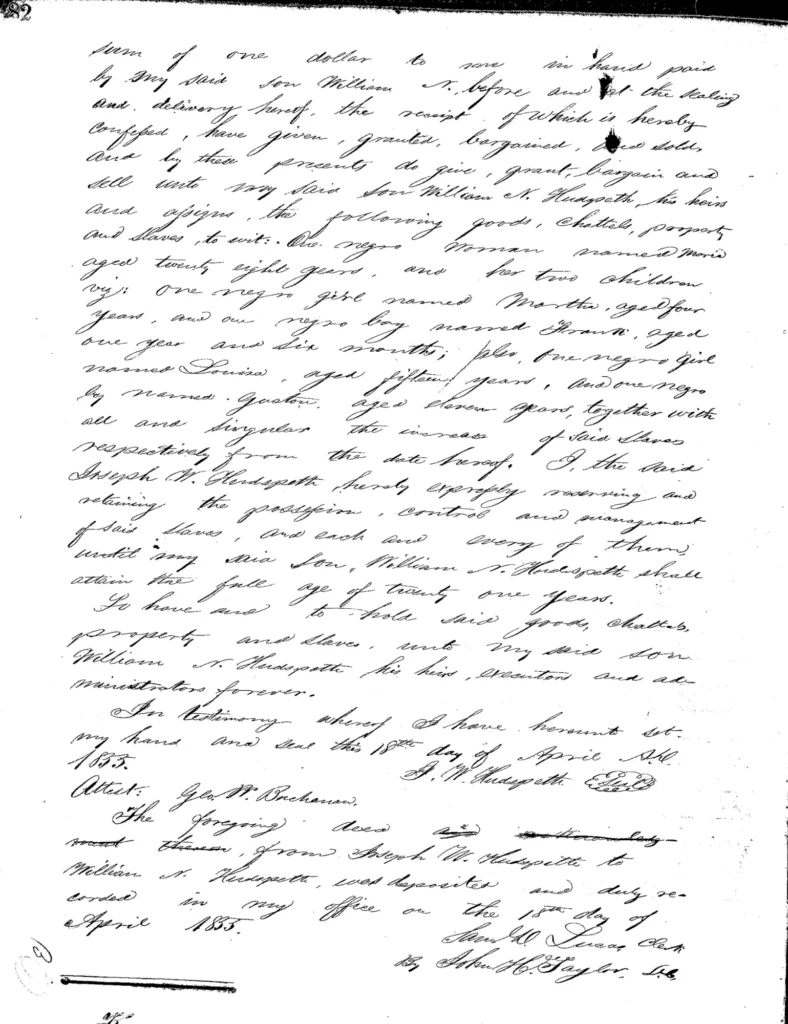 Deed of Gift: J. Hudspeth to W. Hudspeth