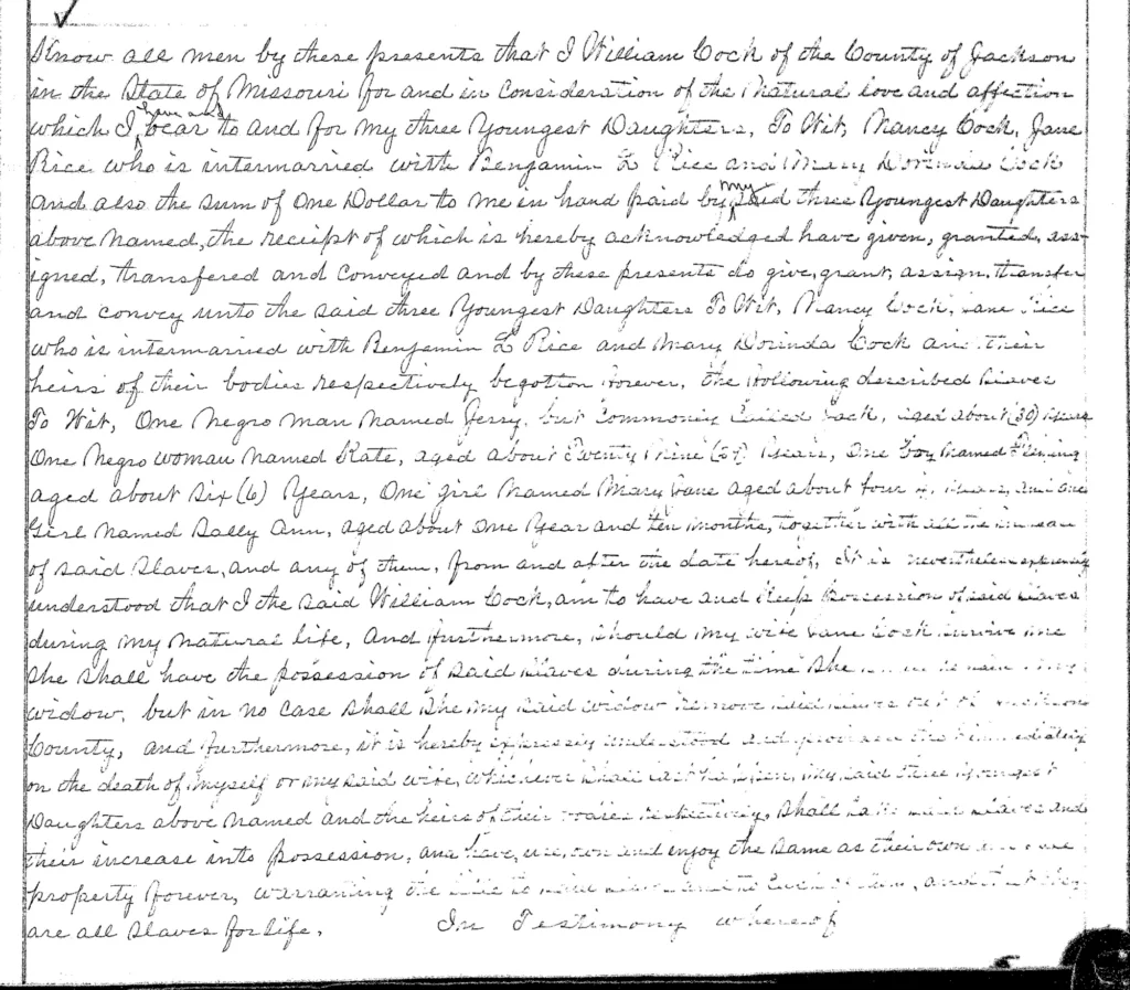 Deed of Gift: W. Cock to N. Cock, J. Rice, M. D. Cock