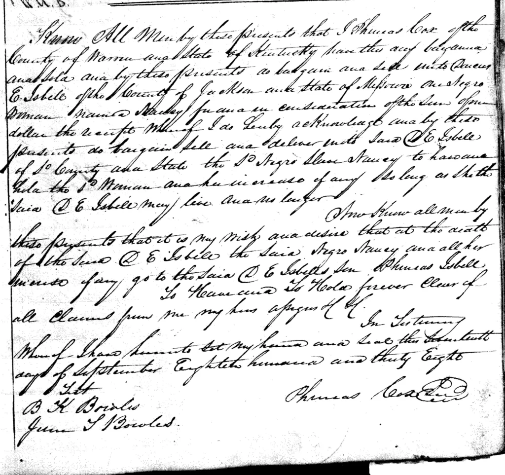 Bill of Sale: P. Cox to D. Isbell