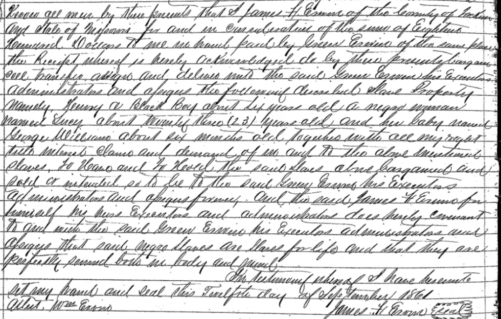 Bill of Sale: J. Ervin to Green Ervin