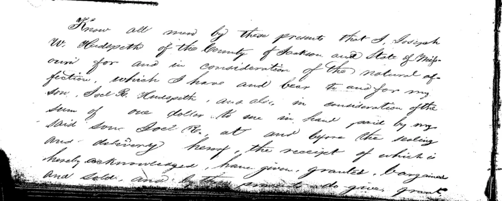 Deed of Gift: J. W. Hudspeth to J. R. Hudspeth