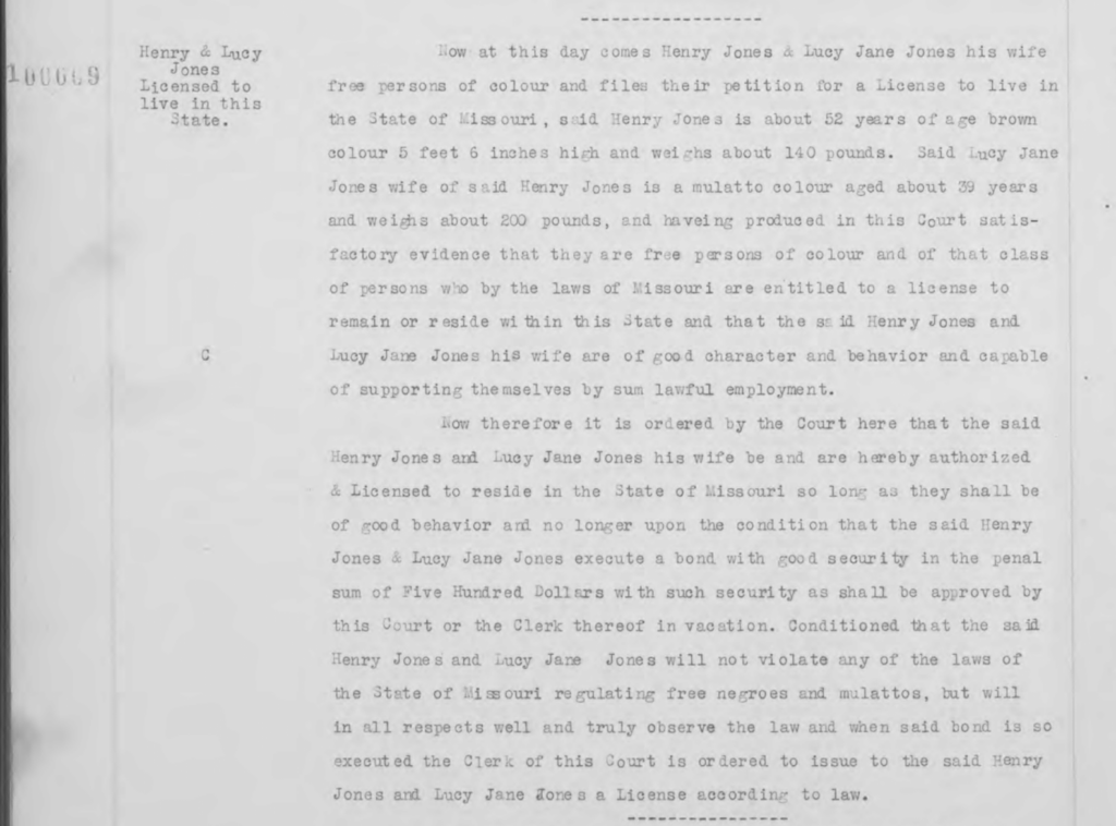 Court Record 100009: Henry & Lucy Jones Licensed to live in this State
