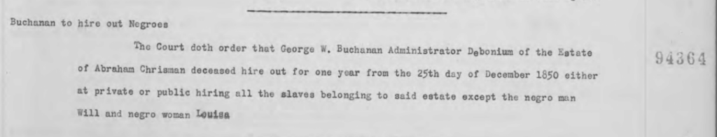 Court Record 94364: Buchanan to hire out Negroes