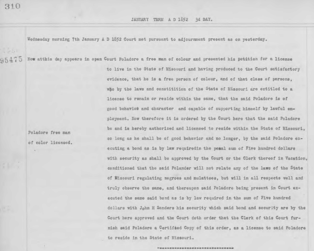Court Record 95475: Poladore free man of color licensed