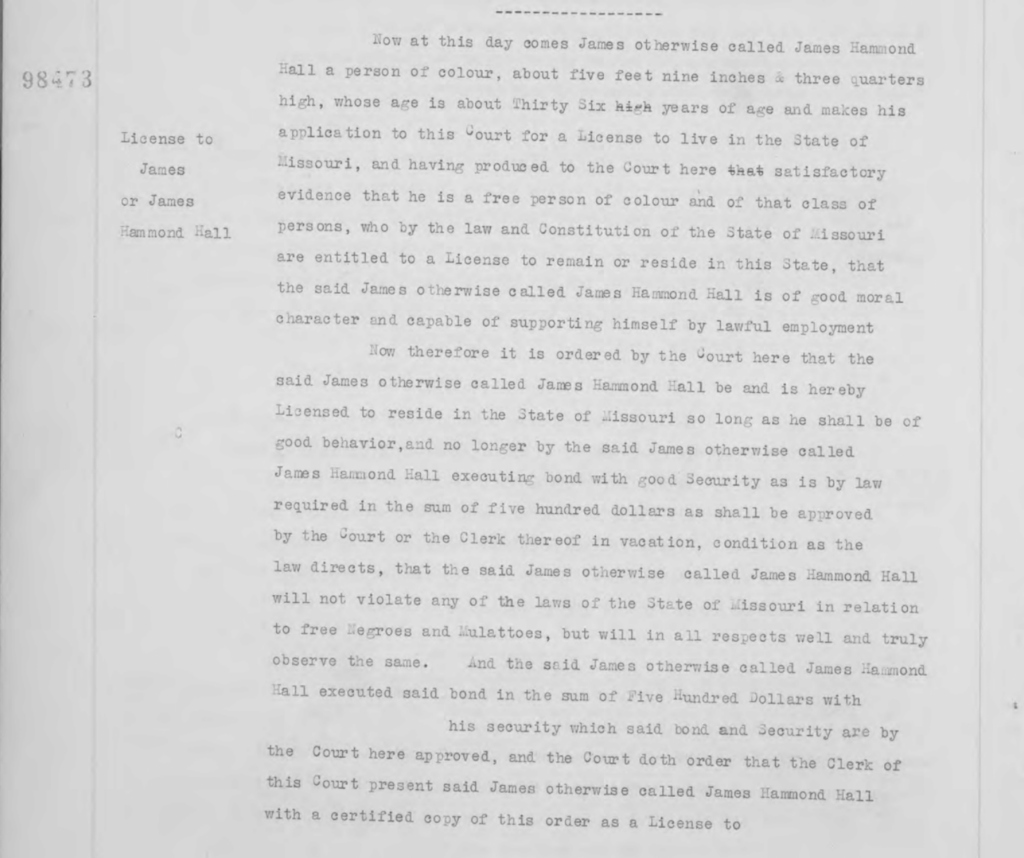 Court Record 98473: License to James or James Hammond Hall