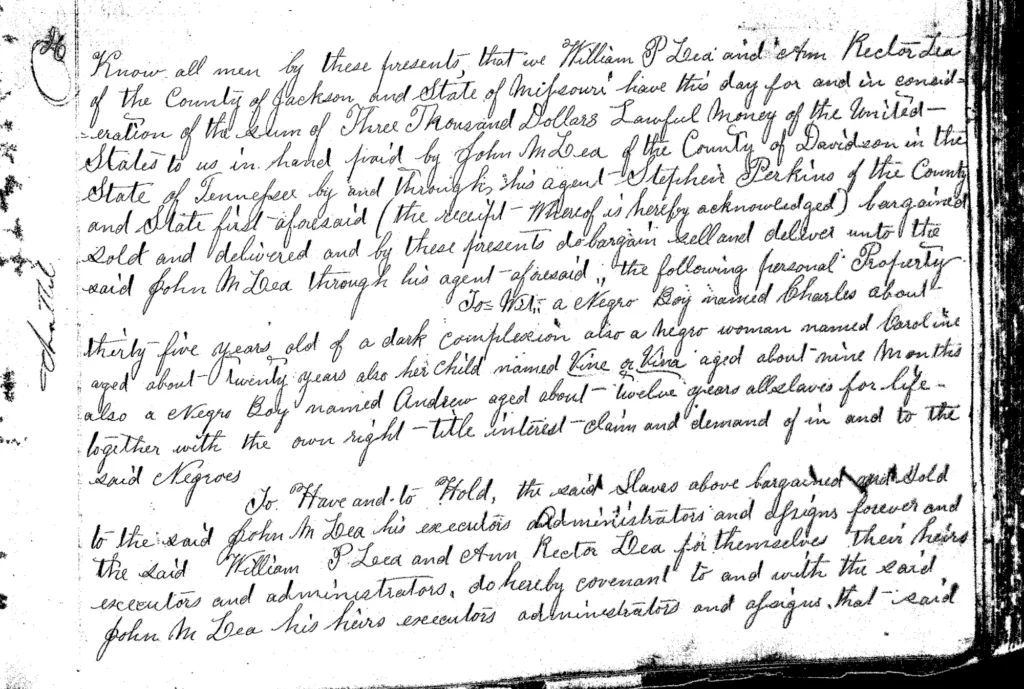 Bill of Sale: W. Lea, A. Lea to S. Perkins
