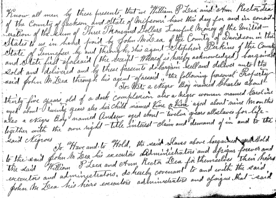 Bill of Sale: W. Lea, A. Lea to J. Lea