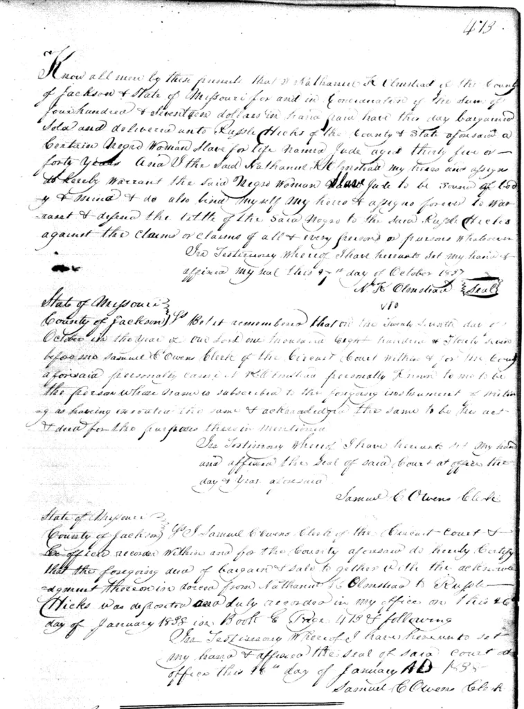 Bill of Sale: N. Olmstead to R. Hicks