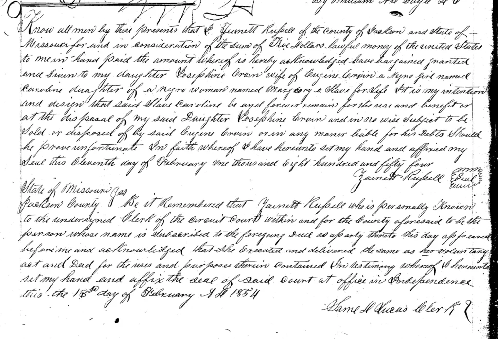 Deed of Gift: T. Russell to J. Ervin