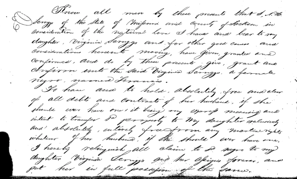 Deed of Gift: N. H. Scruggs to V. Scruggs