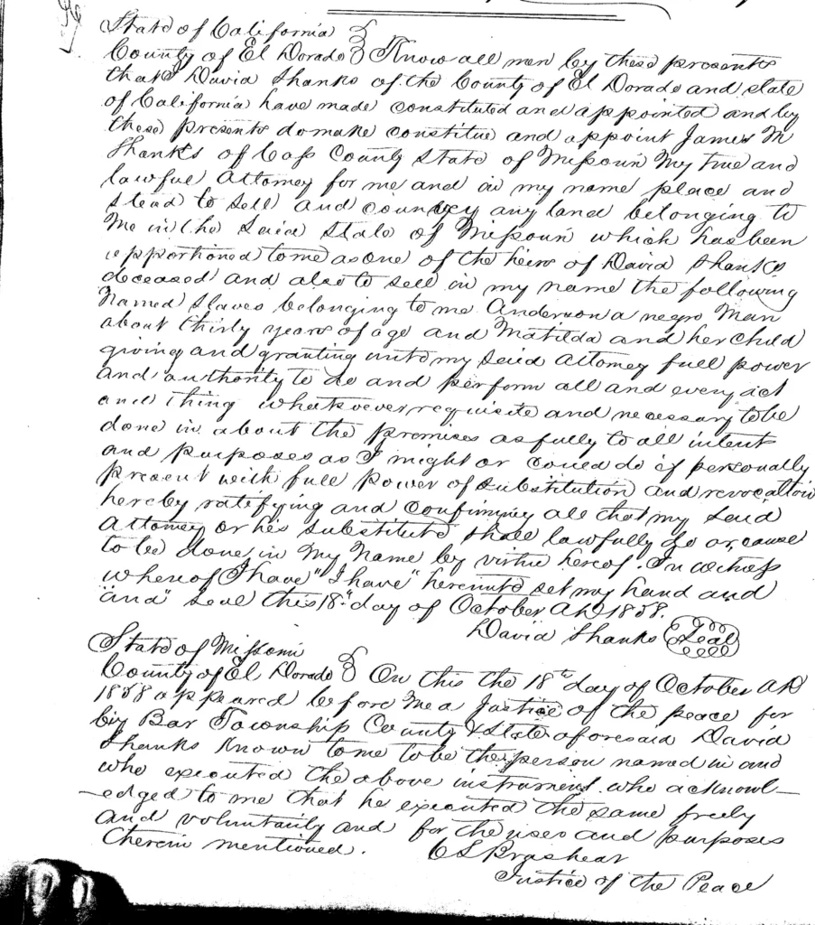 Power of Attorney: D. Shanks to J. Shanks