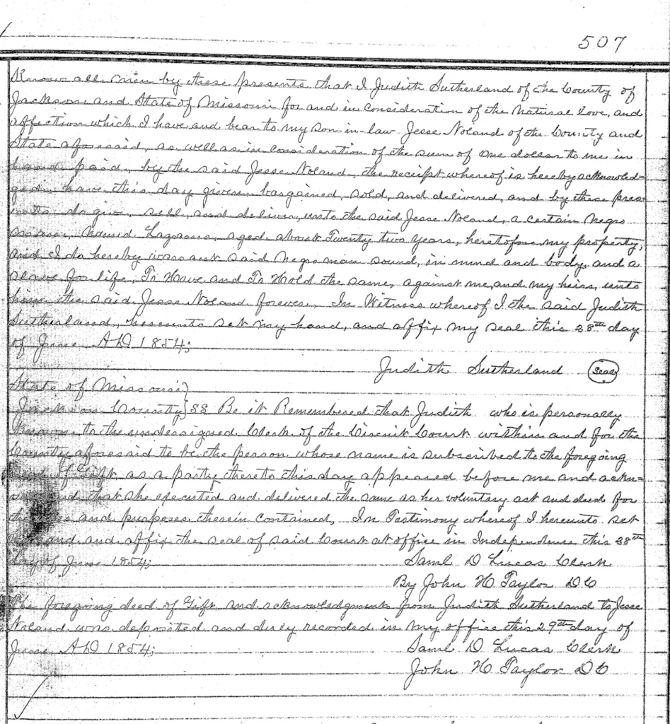 Deed of Gift: J. Sutherland to J. Noland