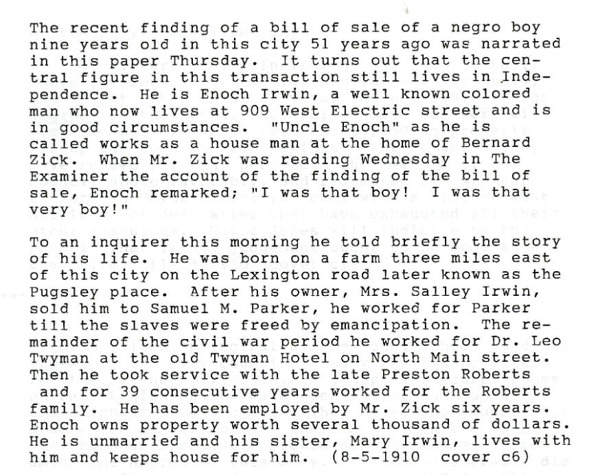 Bill of Sale: Sally Irwin to Samuel M. Parker